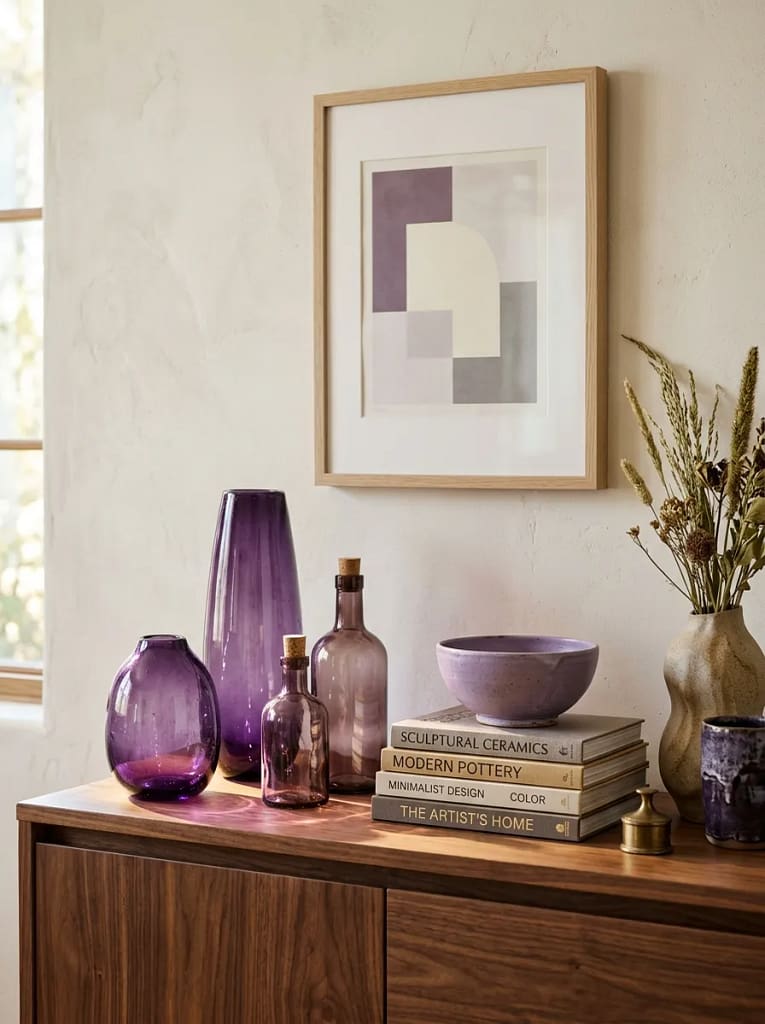 23 Moody Purple Living Room Ideas That Feel Luxe 23 Purple Glass and Ceramic Decor