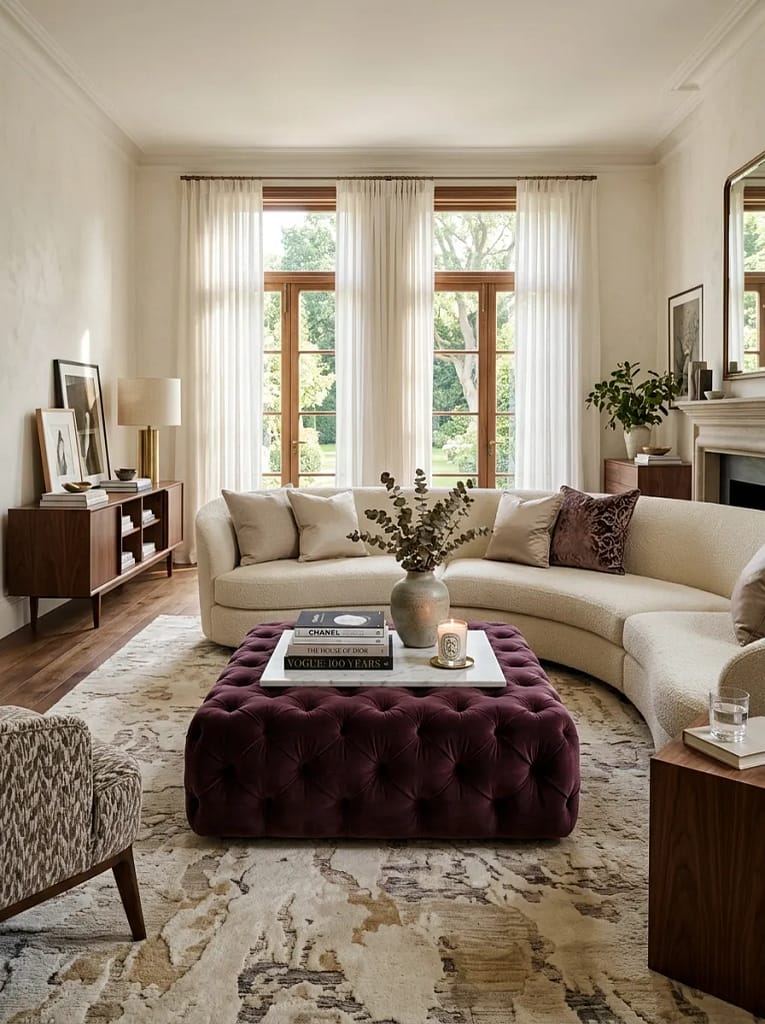 23 Moody Purple Living Room Ideas That Feel Luxe 21 Purple Ottoman Coffee Table Setup