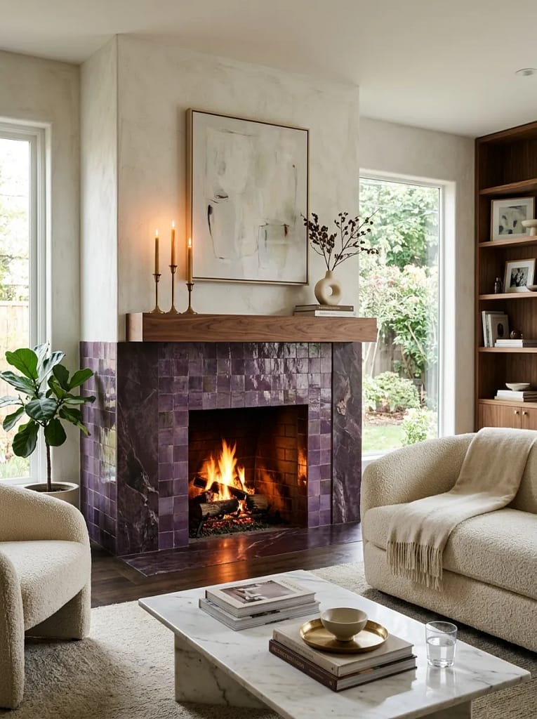 23 Moody Purple Living Room Ideas That Feel Luxe 16 Purple Statement Fireplace Surround