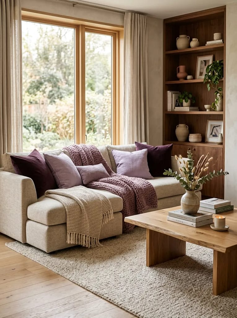 23 Moody Purple Living Room Ideas That Feel Luxe 14 Purple Throw Pillows and Layered Textiles