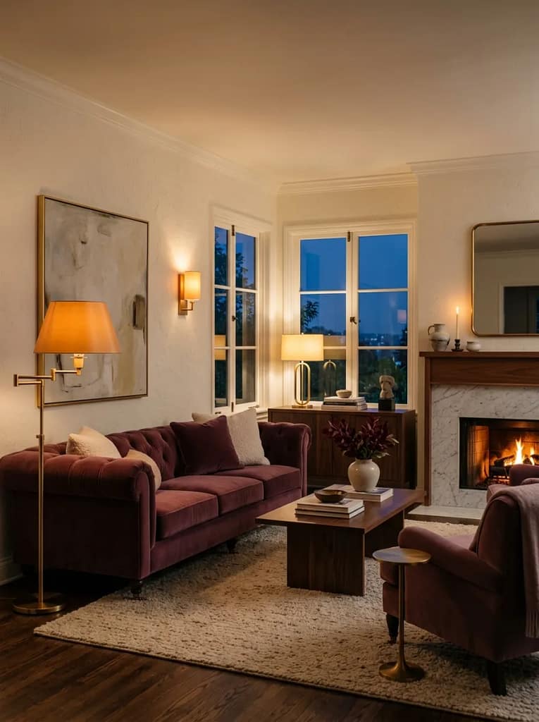 23 Moody Purple Living Room Ideas That Feel Luxe 6 Purple and Brass Lighting Combination