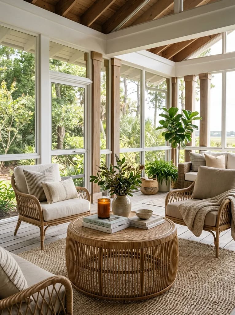 24 Screen Porch Ideas for Stylish Outdoor Living 15 Rattan Coffee Table