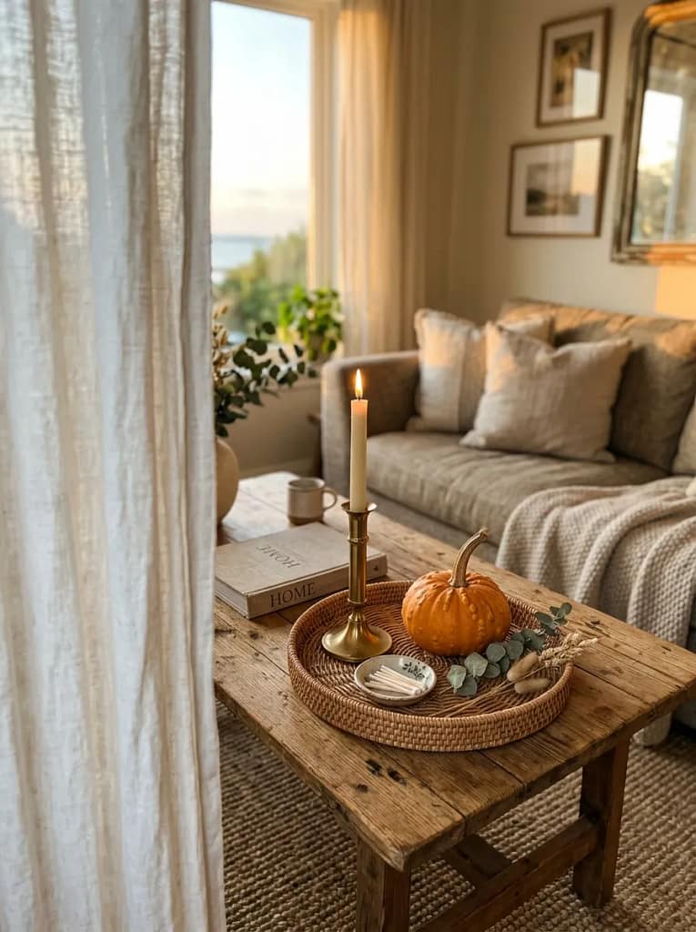 24 Fall Coffee Table Decor Ideas for Cozy Autumn Style 15 Rattan Tray Styling