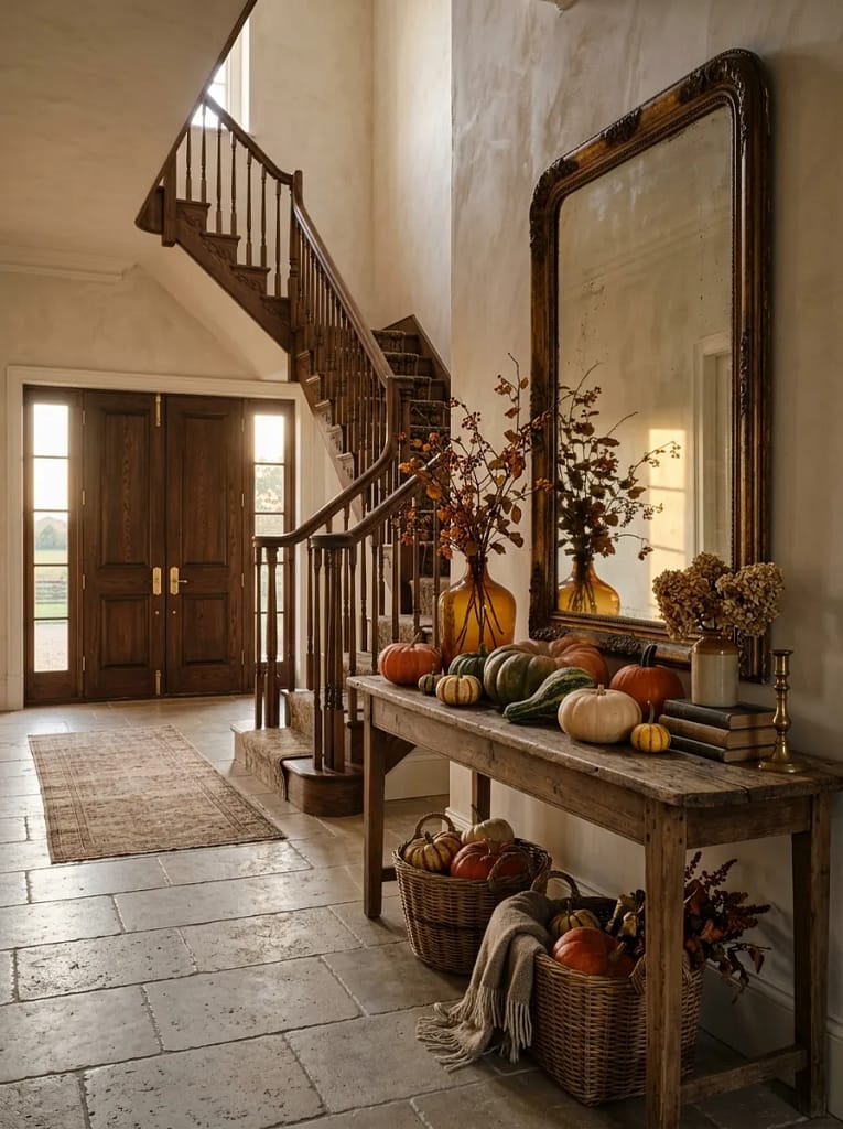 20 Pumpkin Gourd Decor Ideas for Charming Fall Homes 8 Rustic Entryway Console Display