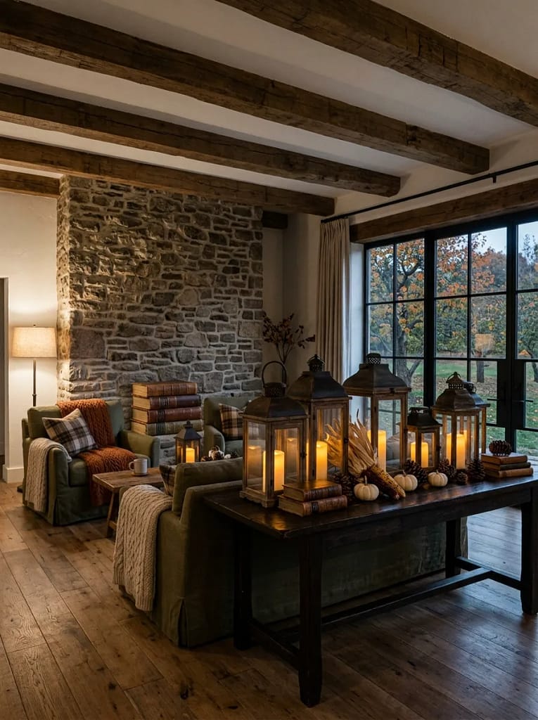 21 Farmhouse Fall Living Room Ideas Full of Warmth 19 Rustic Lantern Display