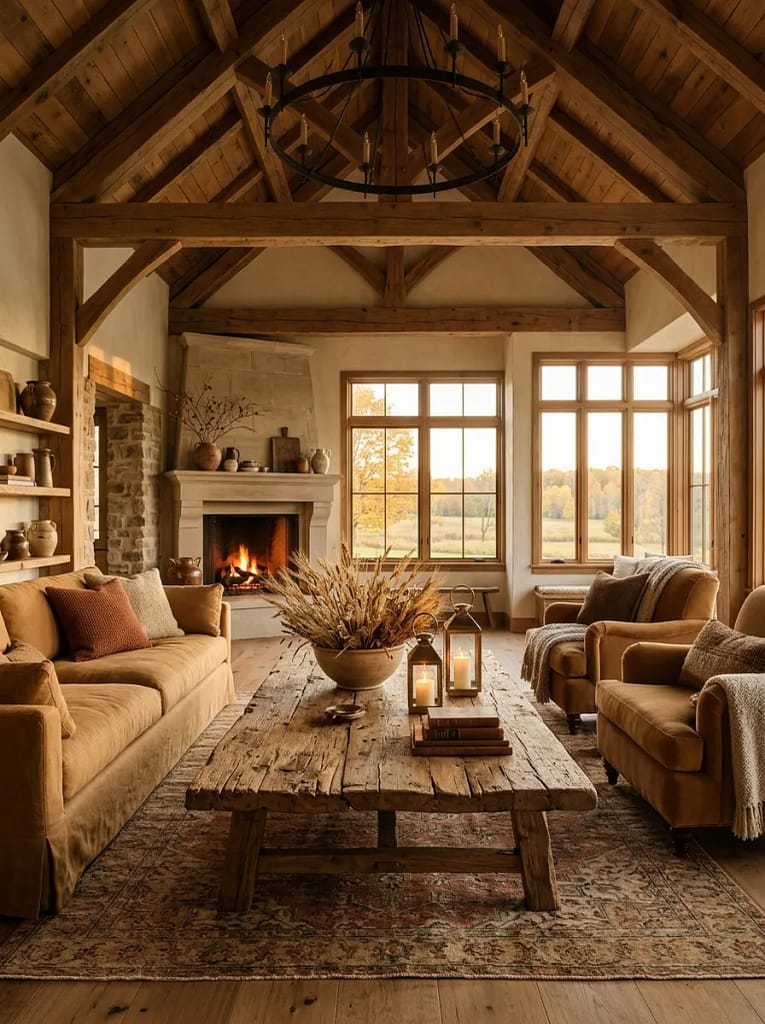 21 Farmhouse Fall Living Room Ideas Full of Warmth 4 Rustic Wood Coffee Table
