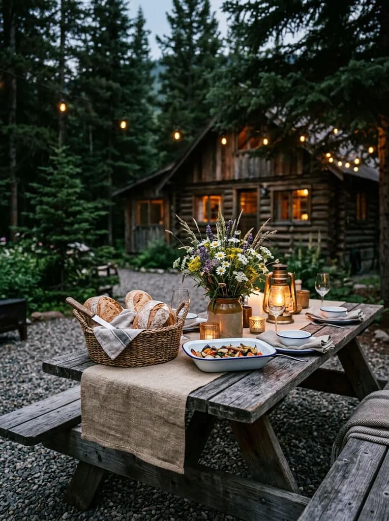 22 Backyard Potluck Table Ideas for Easy Entertaining 3 Rustic Wood Picnic Table Setup