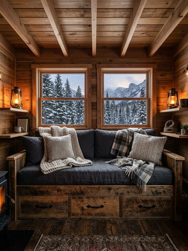 21 Camper Living Room Ideas for Cozy Tiny Interiors 16 Rustic Wood Sofa-Cum-Bed