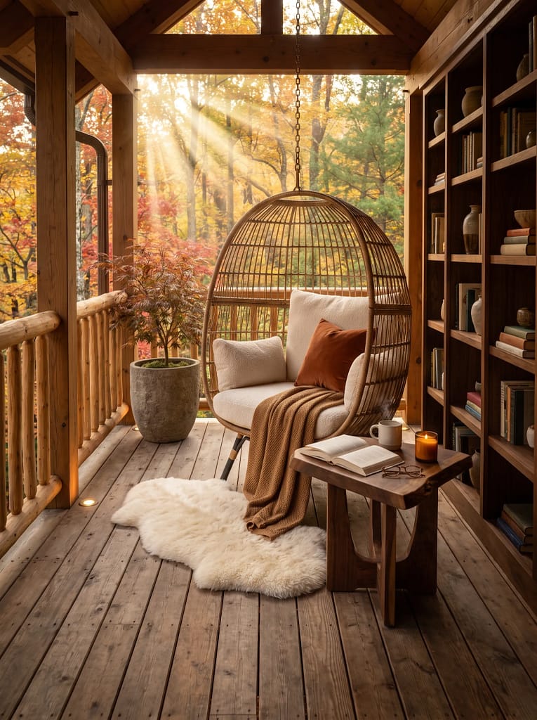 24 Fall Balcony Decor Ideas for Cozy Autumn Vibes 10 Rustic Wooden Bench