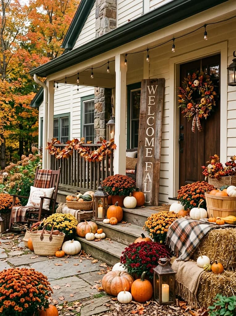 20 Maximalist Fall Porch Decor Ideas for Every Home 15 Rustic Wooden Welcome Sign