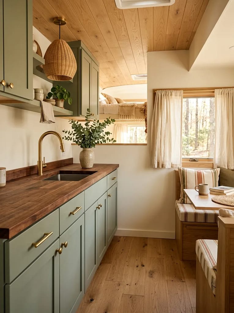 21 Boho Camper Interior Ideas for Cozy Tiny Living 4 Sage Green Cabinets