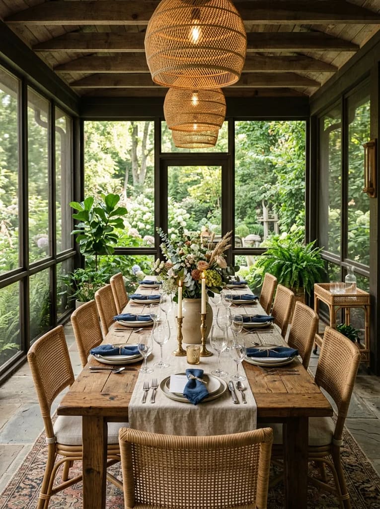 24 Screen Porch Ideas for Stylish Outdoor Living 12 Screen Porch Dining Area
