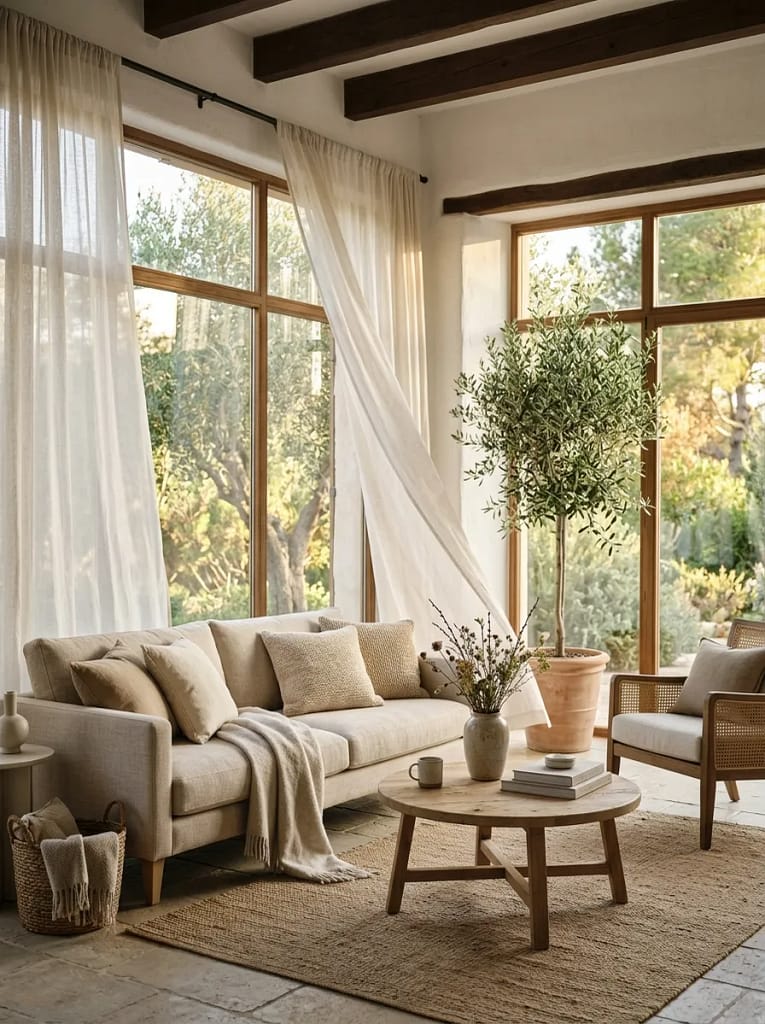 22 Cozy Sunroom Ideas for Bright Relaxing Spaces 8 Sheer Linen Curtains