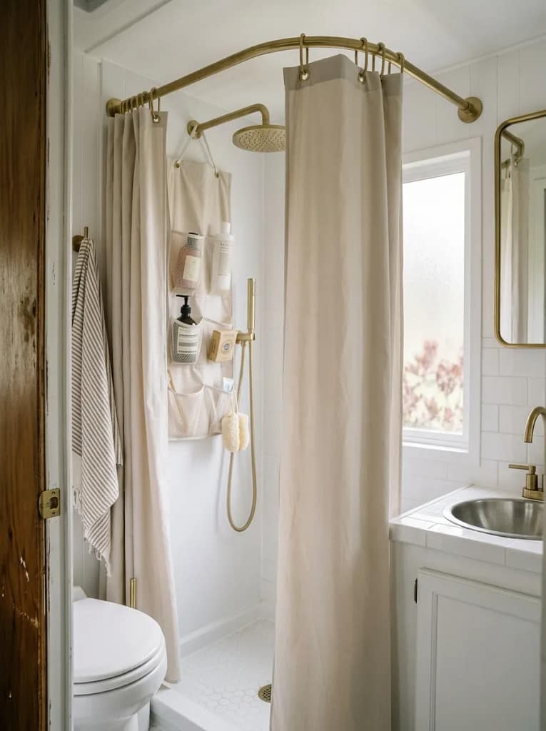 24 Camper Bathroom Storage Ideas for Small Spaces 11 Shower Curtain Organizer