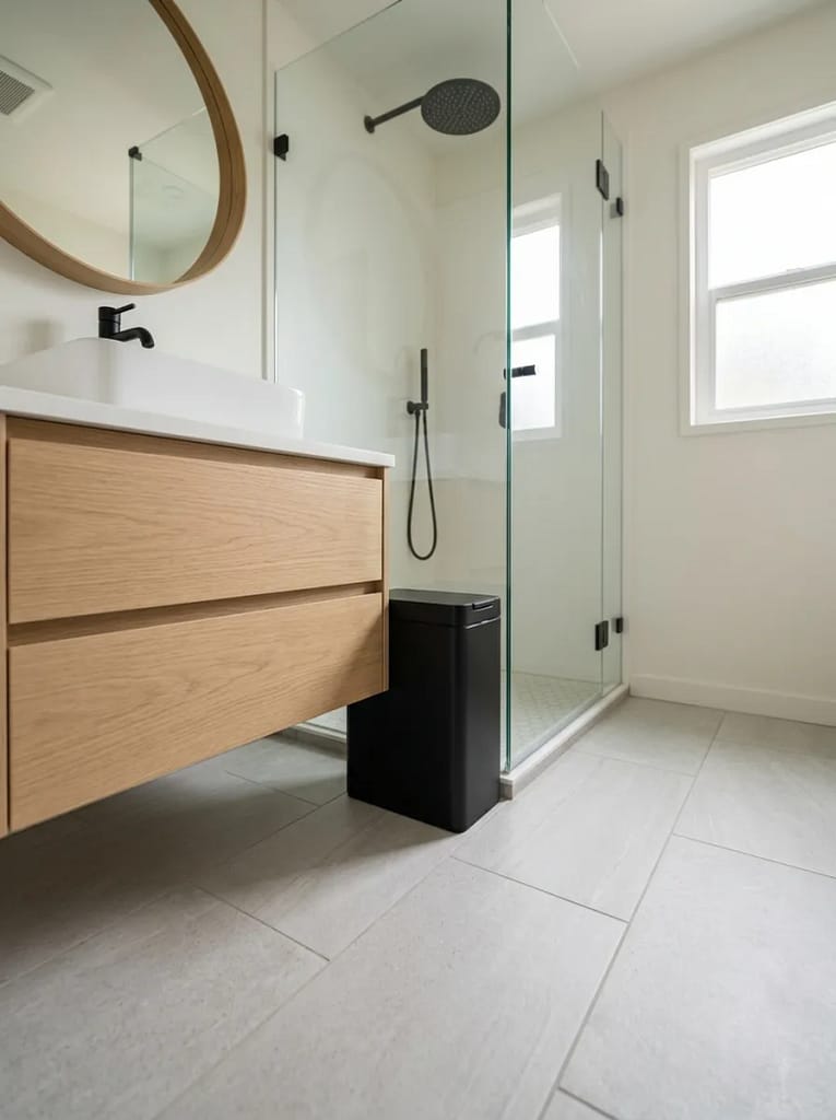 24 Camper Bathroom Storage Ideas for Small Spaces 19 Slim Lidded Trash Bin