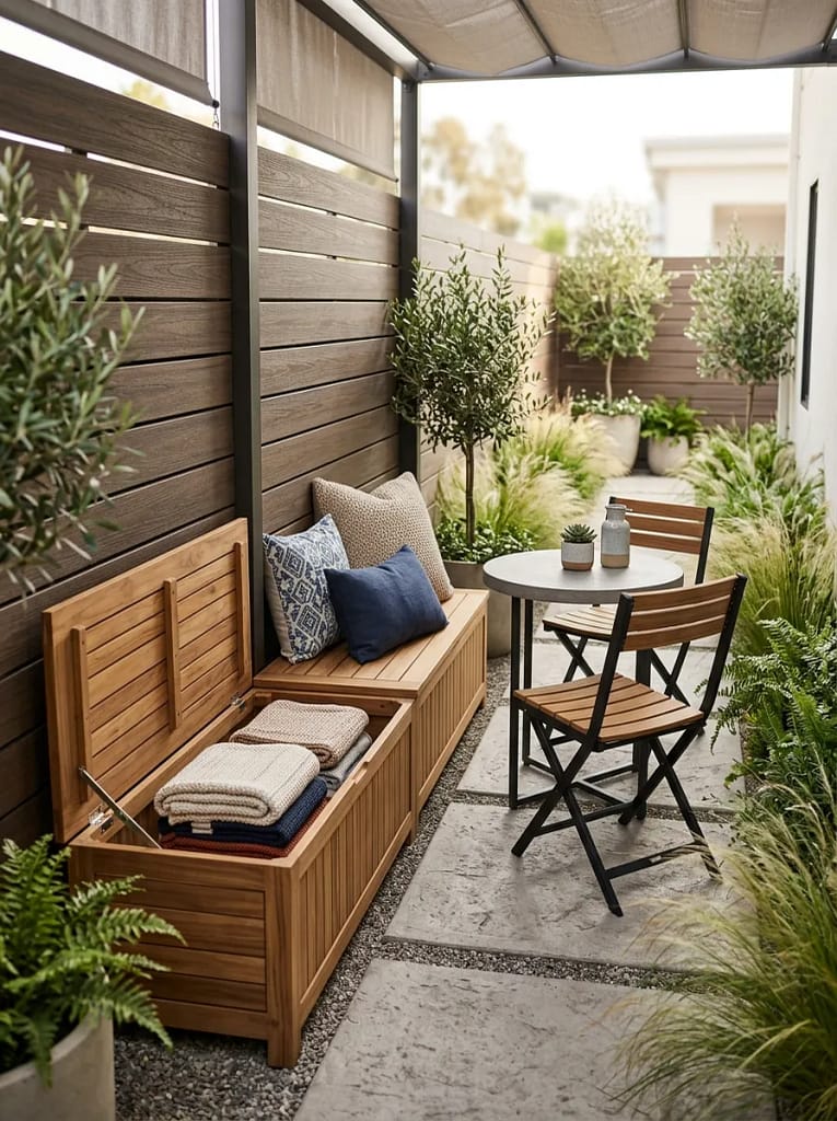 21 Tiny Patio Ideas That Maximize Small Outdoor Spaces 7 Slim Storage Bench