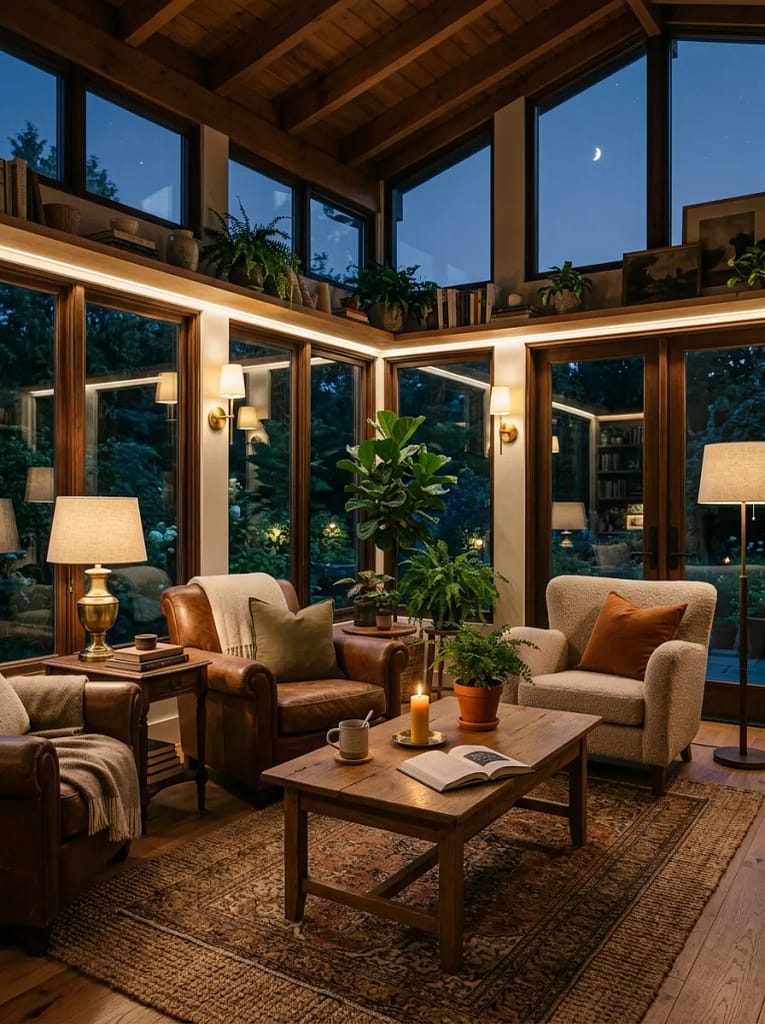 22 Cozy Sunroom Ideas for Bright Relaxing Spaces 14 Soft Ambient Lighting