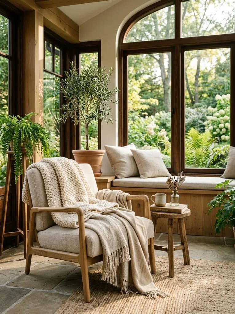 22 Cozy Sunroom Ideas for Bright Relaxing Spaces 5 Soft Neutral Throw Blankets