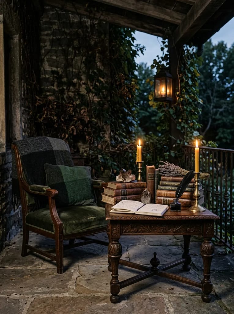 24 Witchcore Porch Ideas for Spooky Cozy Charm 14 Spellbook Side Table Styling