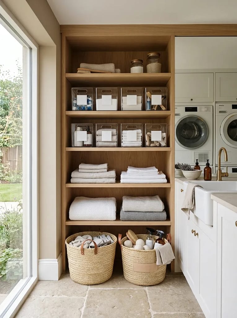 24 Laundry Room Storage Ideas to Maximize Every Inch 8 Stackable Clear Labeled Bins
