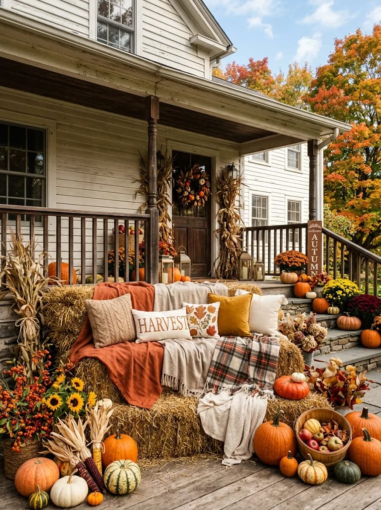 20 Maximalist Fall Porch Decor Ideas for Every Home 6 Stacked Hay Bale Seating
