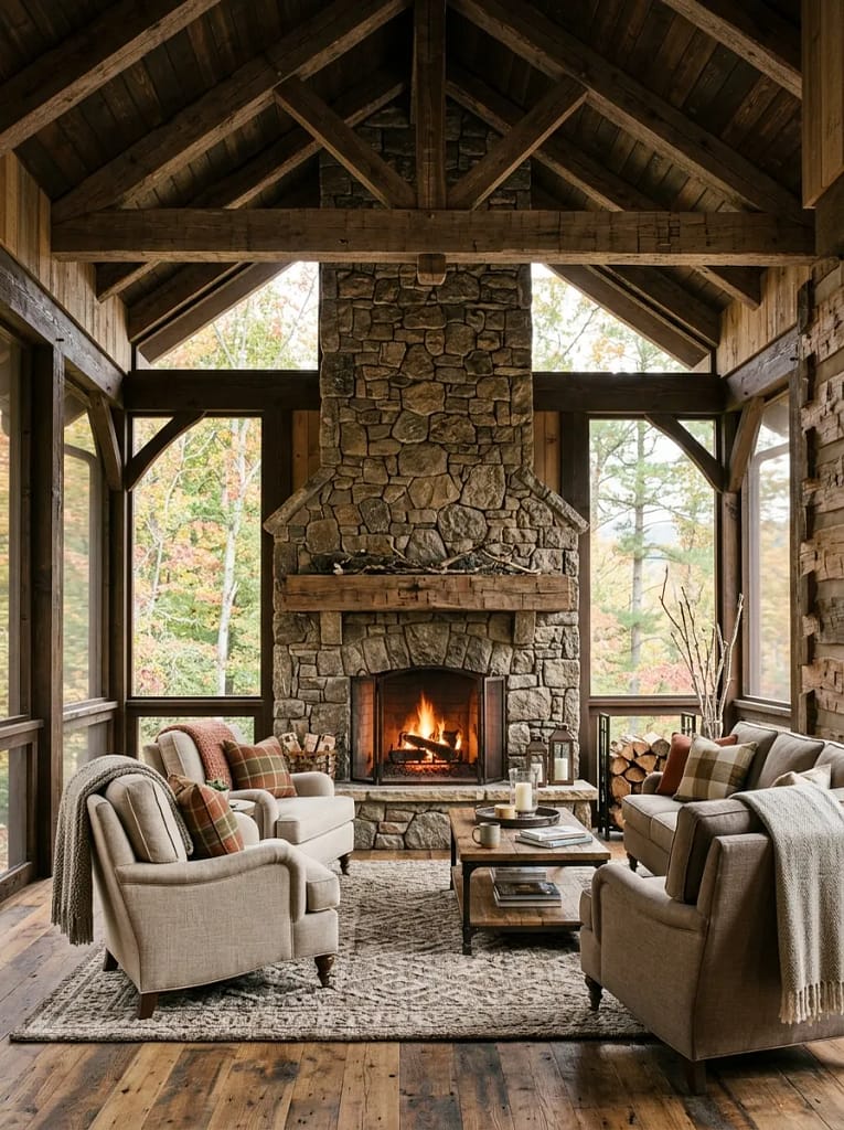 24 Screen Porch Ideas for Stylish Outdoor Living 9 Stone Fireplace Feature