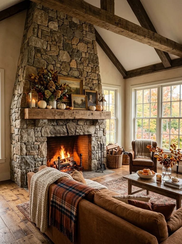 21 Farmhouse Fall Living Room Ideas Full of Warmth 13 Stone Fireplace Styling