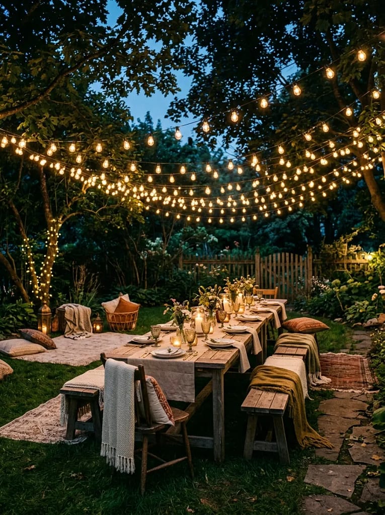 23 Outdoor Picnic Area Ideas for Backyard Gatherings 5 String Light Canopy
