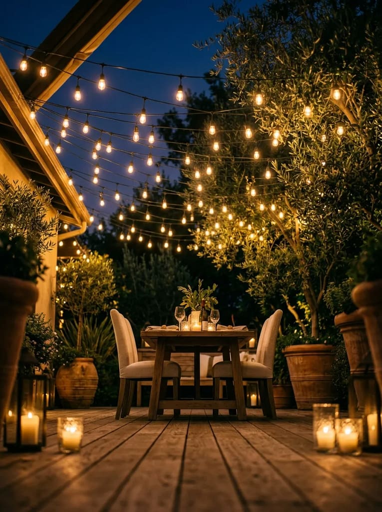 22 Backyard Potluck Table Ideas for Easy Entertaining 16 String Light Canopy Over the Table