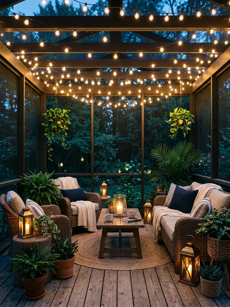 24 Screen Porch Ideas for Stylish Outdoor Living 7 String Light Canopy