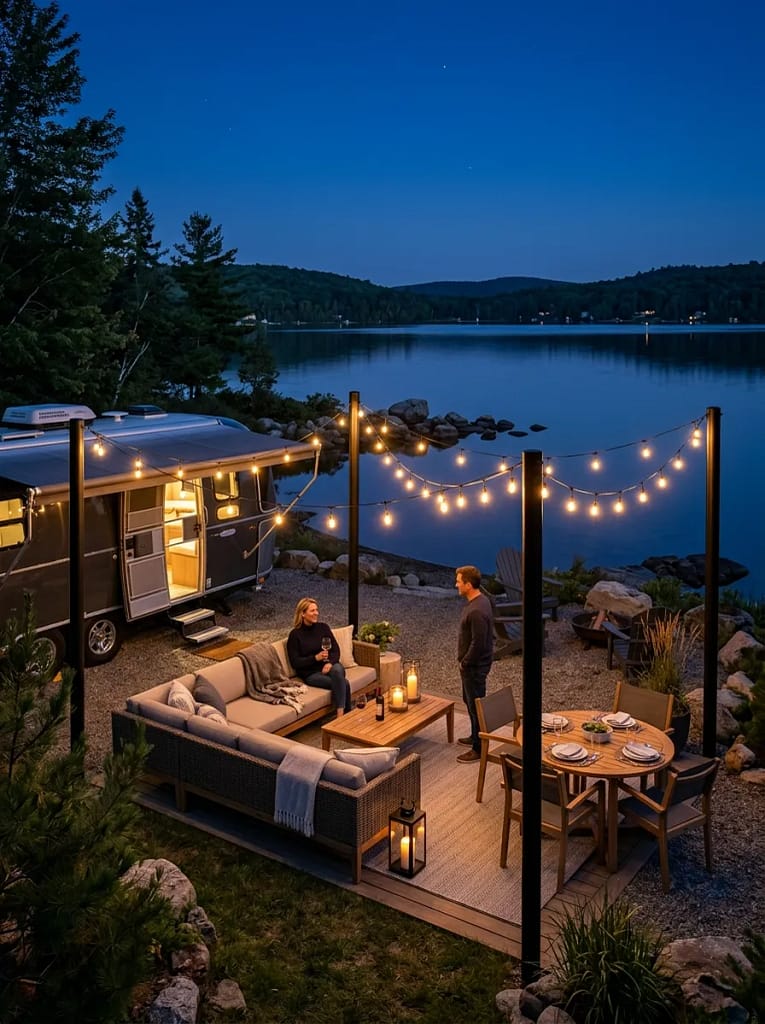 20 Camper Porch Decor Ideas for Cozy Outdoor Living 18 String Light Poles