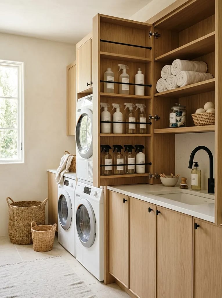 24 Laundry Room Storage Ideas to Maximize Every Inch 15 Tension Rod Bottle Rack