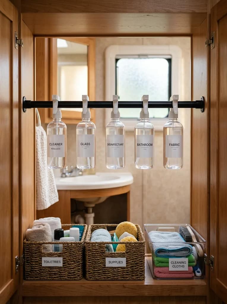 24 Camper Bathroom Storage Ideas for Small Spaces 8 Tension Rod Divider
