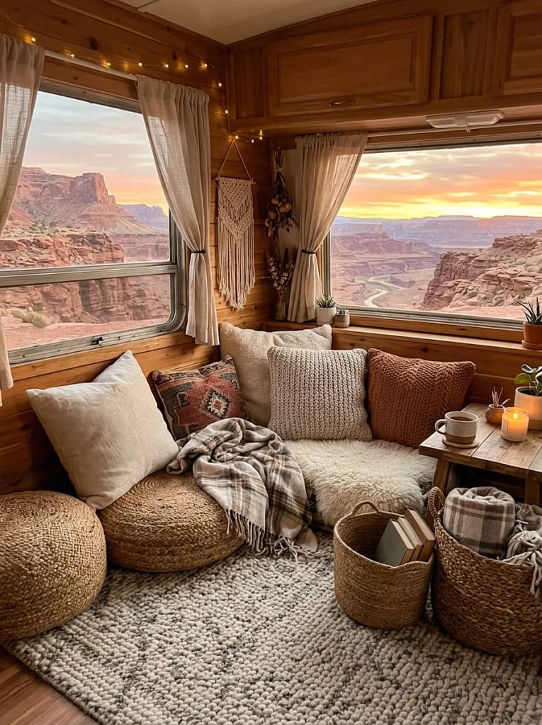 21 Camper Living Room Ideas for Cozy Tiny Interiors 6 Throw Pillow Sitting Corner