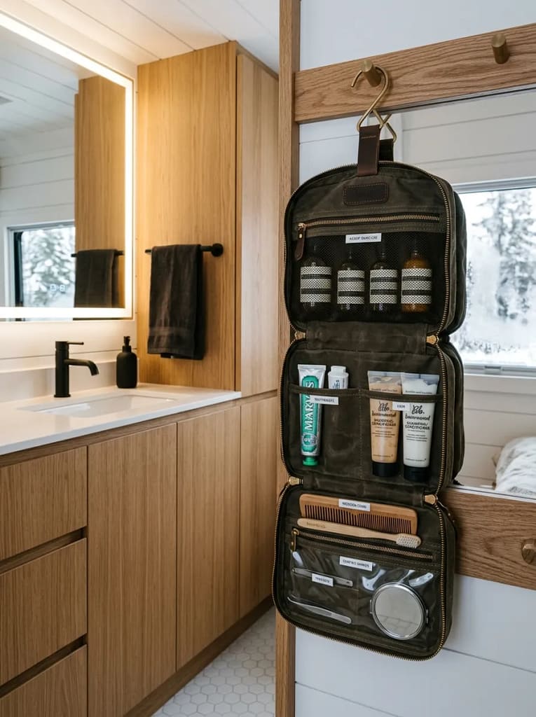 24 Camper Bathroom Storage Ideas for Small Spaces 15 Toiletry Bag Grab-Go
