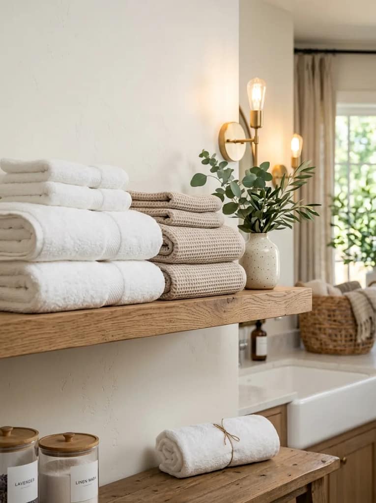 20 Laundry Room Organization Ideas for Clutter Free Space 20 Towel Ready Stack Shelf