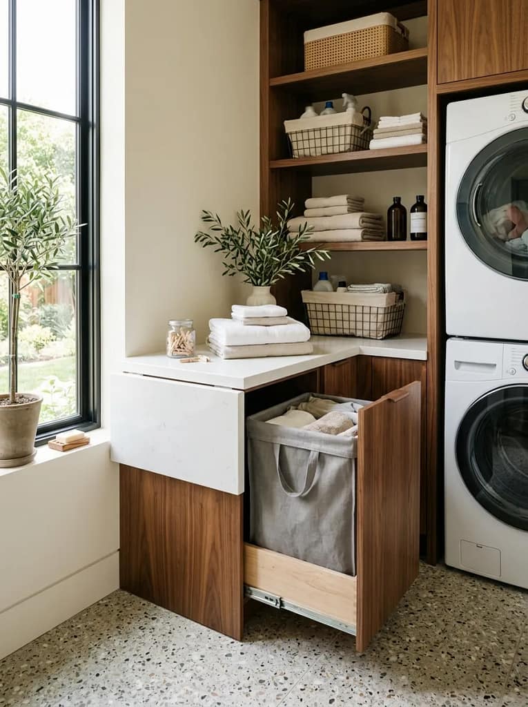 24 Laundry Room Storage Ideas to Maximize Every Inch 12 Under-Counter Pull-Out Bin