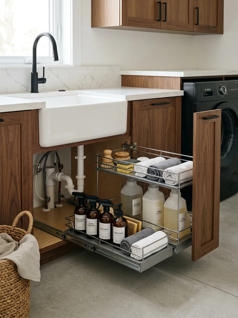 20 Laundry Room Organization Ideas for Clutter Free Space 16 Under-Sink Sliding Basket