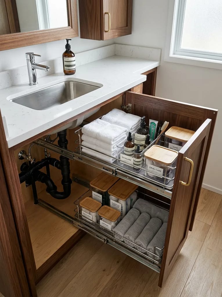 24 Camper Bathroom Storage Ideas for Small Spaces 5 Under-Sink Sliding Basket
