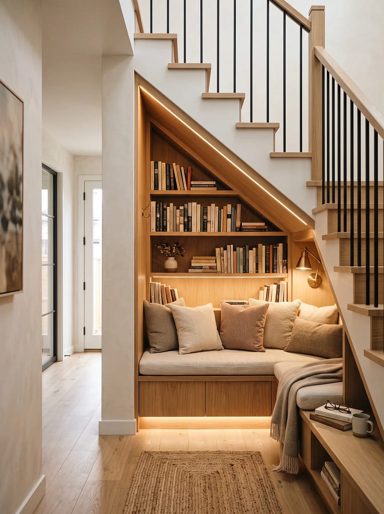 22 Rest Corner Ideas for Peaceful Cozy Home Retreats 8 Under-the-Stairs Reading Nook