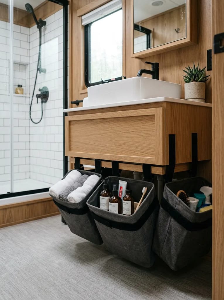 24 Camper Bathroom Storage Ideas for Small Spaces 23 Velcro-Secured Storage Bin