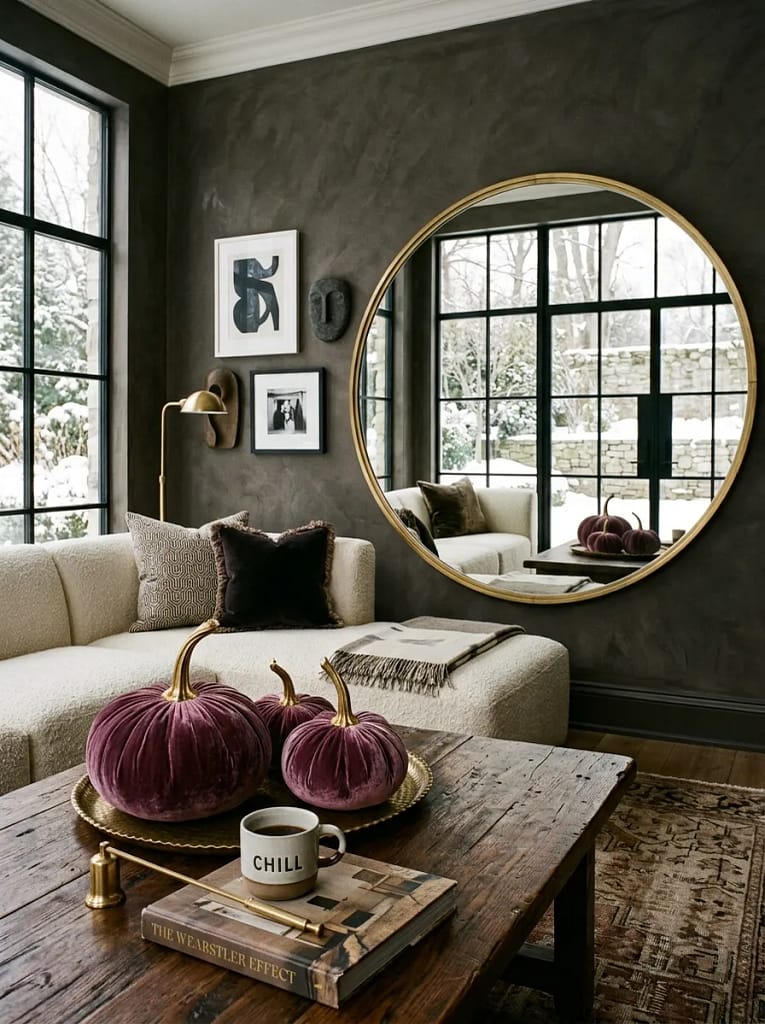 24 Fall Coffee Table Decor Ideas for Cozy Autumn Style 13 Velvet Pumpkin Styling