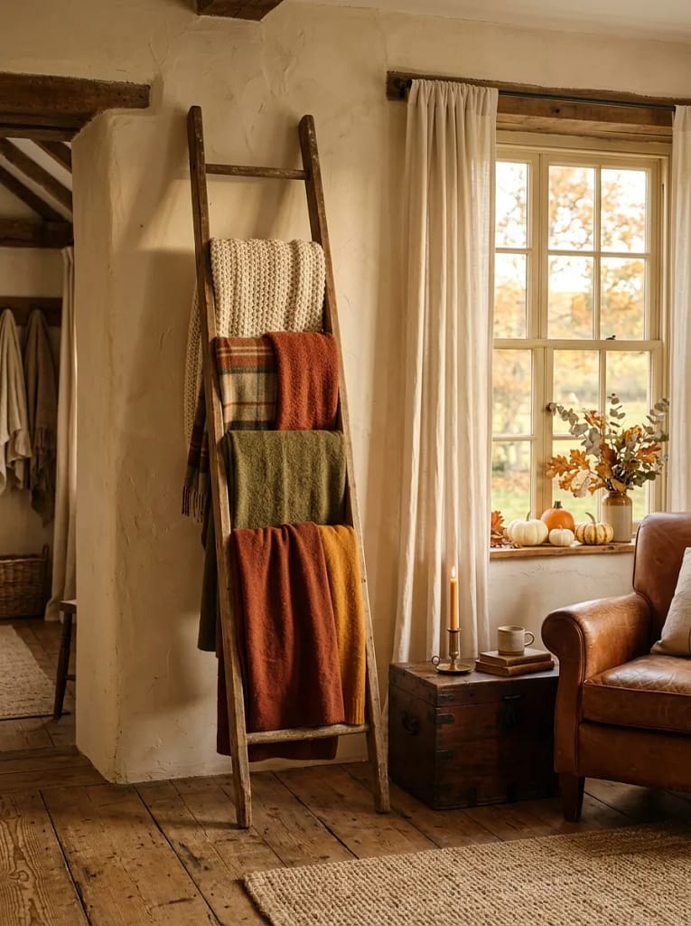21 Farmhouse Fall Living Room Ideas Full of Warmth 5 Vintage Blanket Ladder