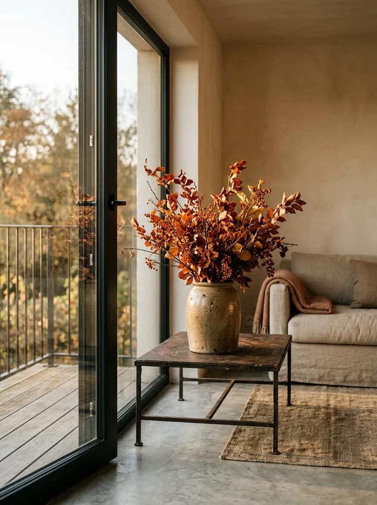 24 Fall Coffee Table Decor Ideas for Cozy Autumn Style 20 Vintage Crock with Autumn Branches