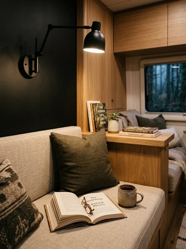 21 Camper Living Room Ideas for Cozy Tiny Interiors 17 Wall-Mounted Reading Light
