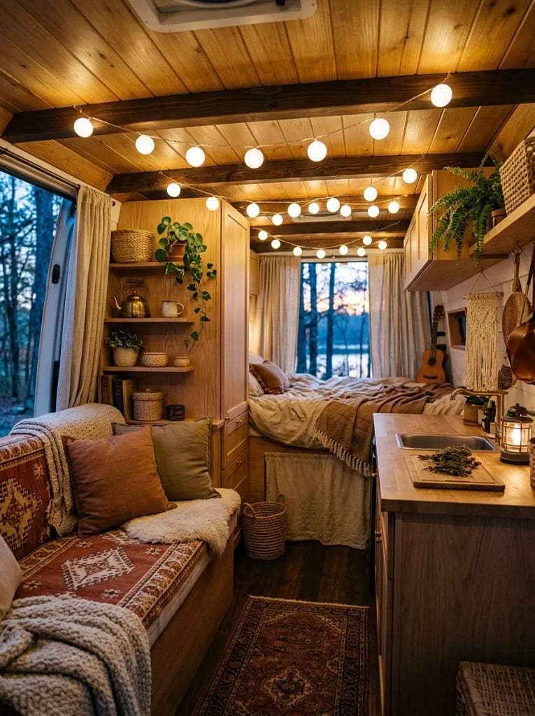 21 Boho Camper Interior Ideas for Cozy Tiny Living 16 Warm String Lights