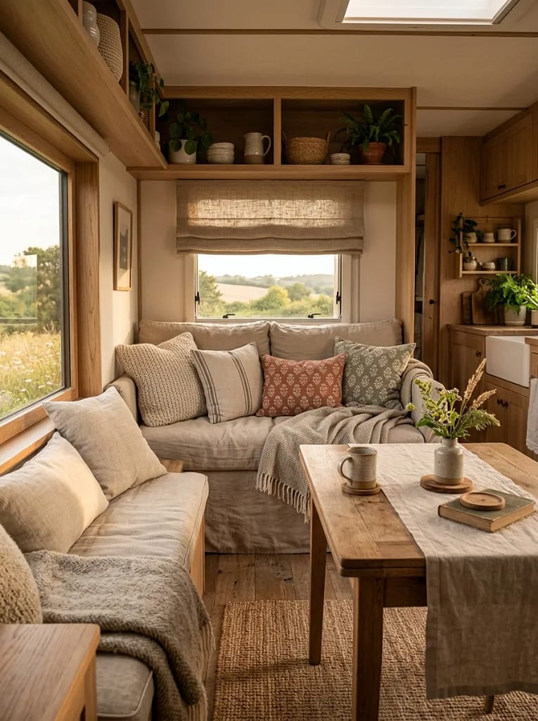21 Camper Living Room Ideas for Cozy Tiny Interiors 22 Warm Utility Linen Textile