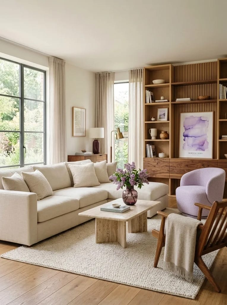 23 Moody Purple Living Room Ideas That Feel Luxe 11 Warm Wood Furniture with Purple Accents