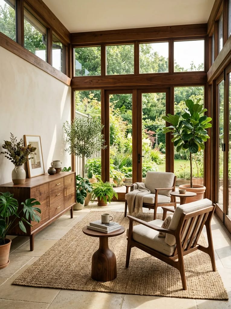22 Cozy Sunroom Ideas for Bright Relaxing Spaces 11 Warm Wood Furniture