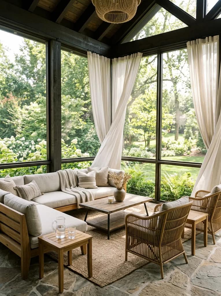 24 Screen Porch Ideas for Stylish Outdoor Living 11 Weather-Resistant Curtains